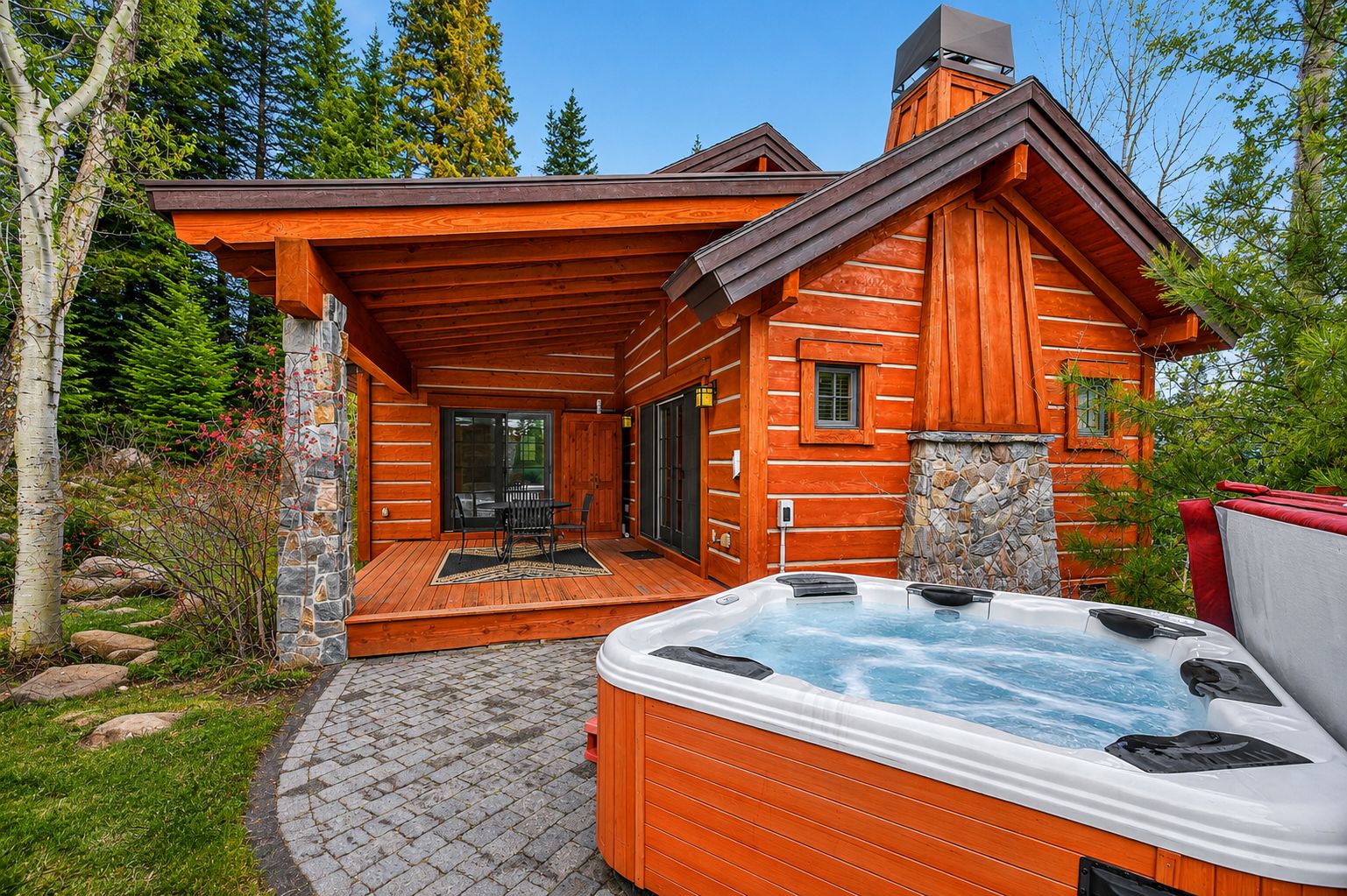 A log cabin with a hot tub, outdoor seating, and a stone wall.