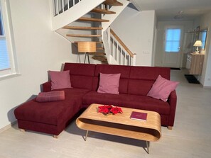 Smart TV, fireplace, DVD player, books