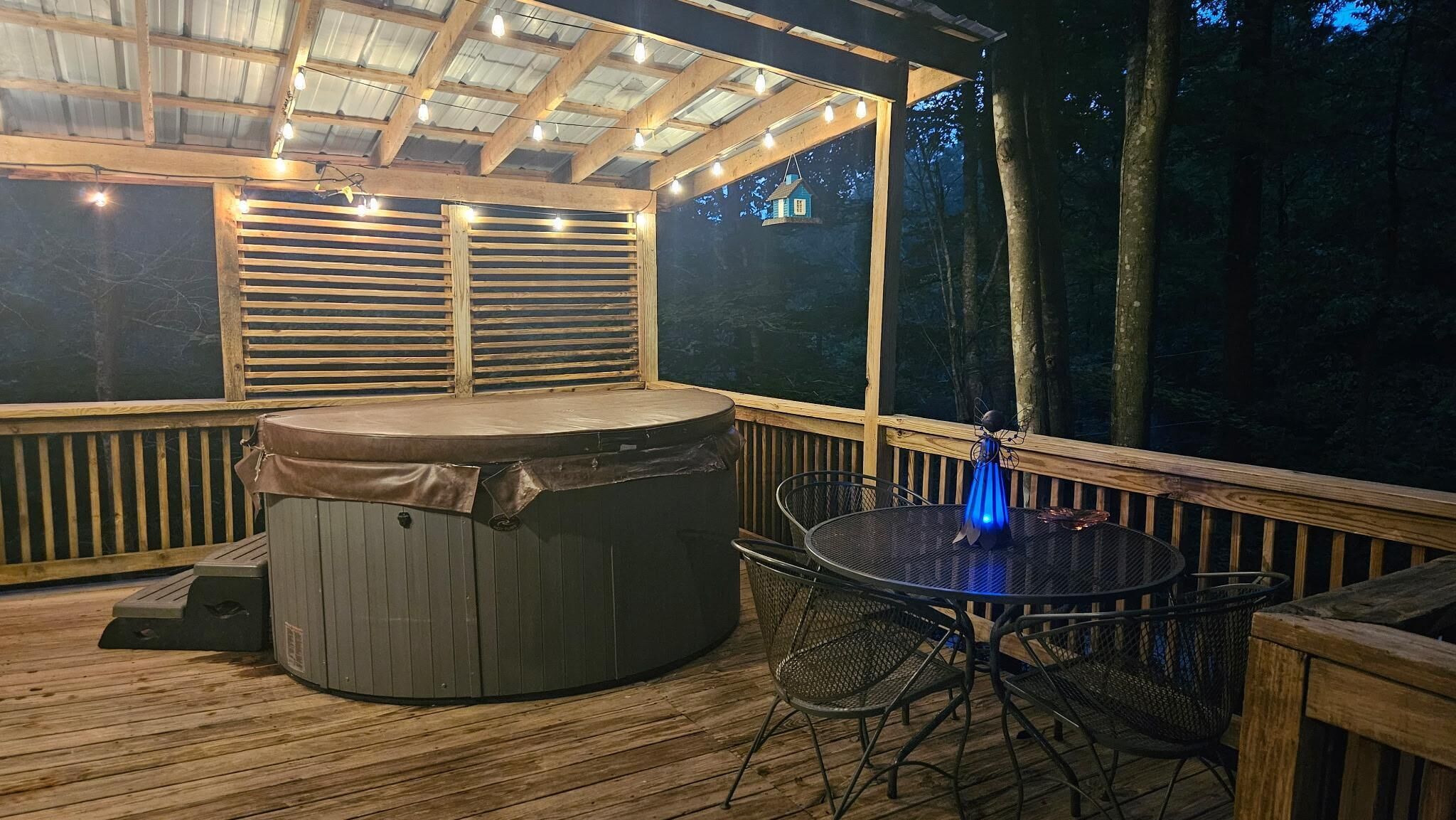Une terrasse extérieure avec un jacuzzi, une table et des chaises, et une vue sur la forêt.