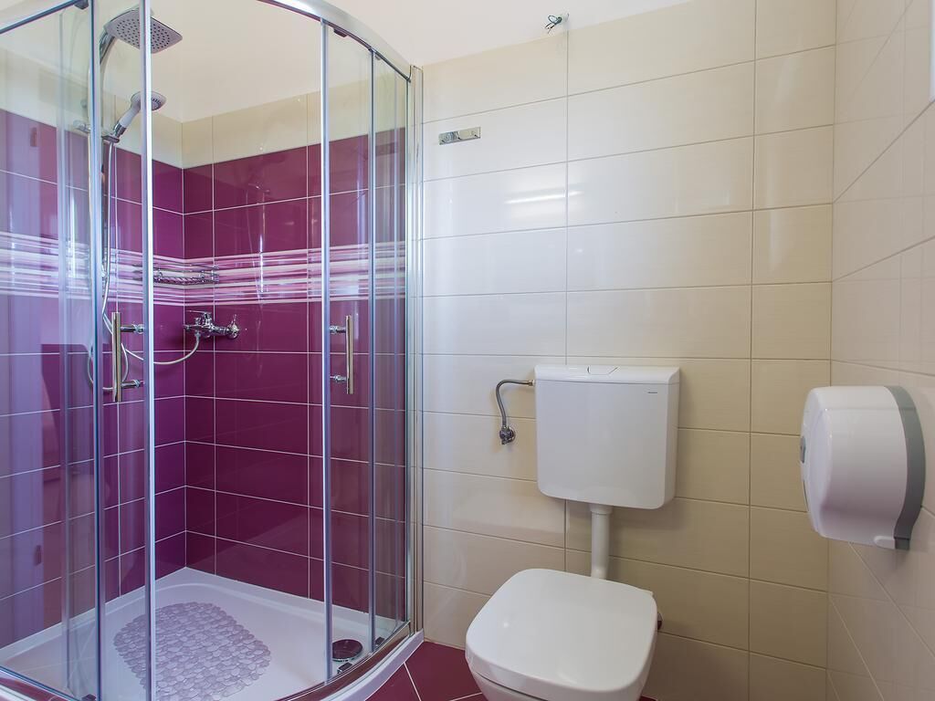 Een badkamer met een douchecabine, een wit toilet en een handdroger.