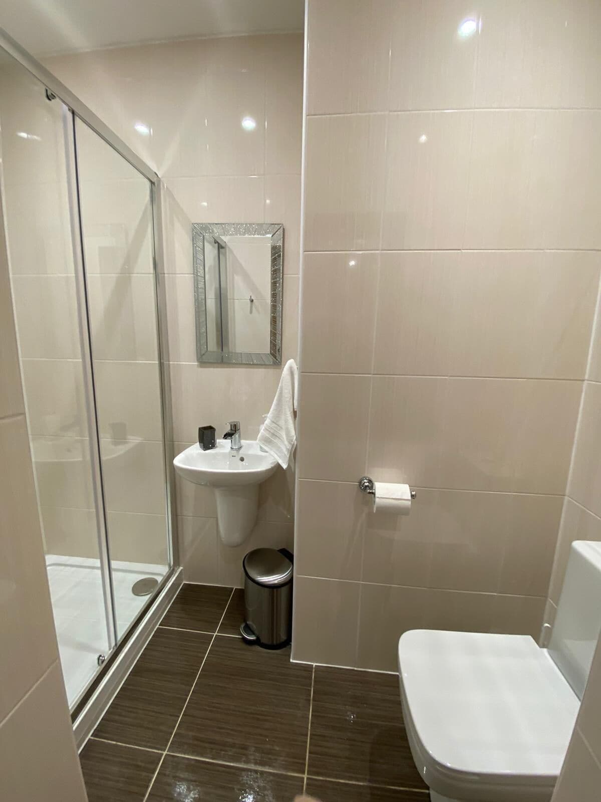 A modern bathroom with a glass shower enclosure, a sink, a toilet, and a trash bin.