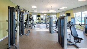 A gym with various exercise machines, including treadmills and weight stations, arranged in a spacious layout with large windows providing natural light. - 4815ds-non Renting February 1, 2023 Storey Lake (Kissimmee)