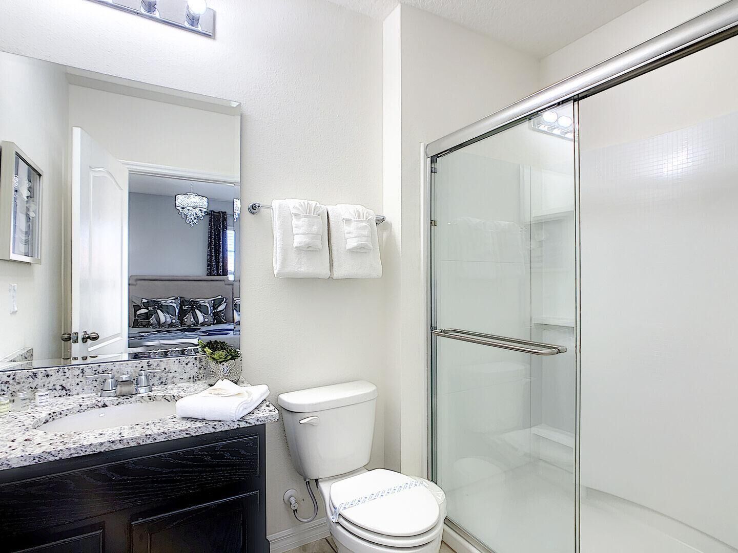 Een badkamer met een douchecabine van glas, een toilet en een wastafel met een granieten blad.
