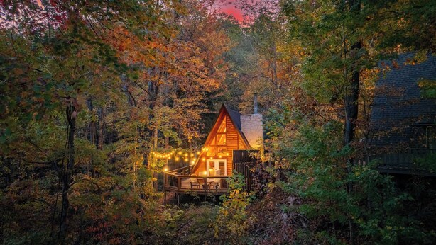 Een chalet omgeven door bomen met lichtslingers.