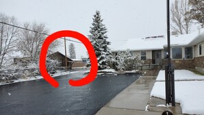 A residential street with snow-covered houses and a dog on the sidewalk. - Downtown Fairview BunkHouse (Fairview)