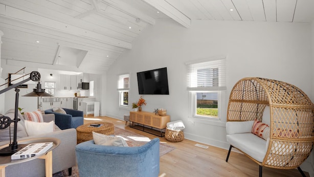 A modern living room with a sofa, a wicker chair, a TV, and a kitchen in the background. - * Gorgeous Loft Style House w/ Luxury, Charm, & Comfort * (Lutherville-Timonium)