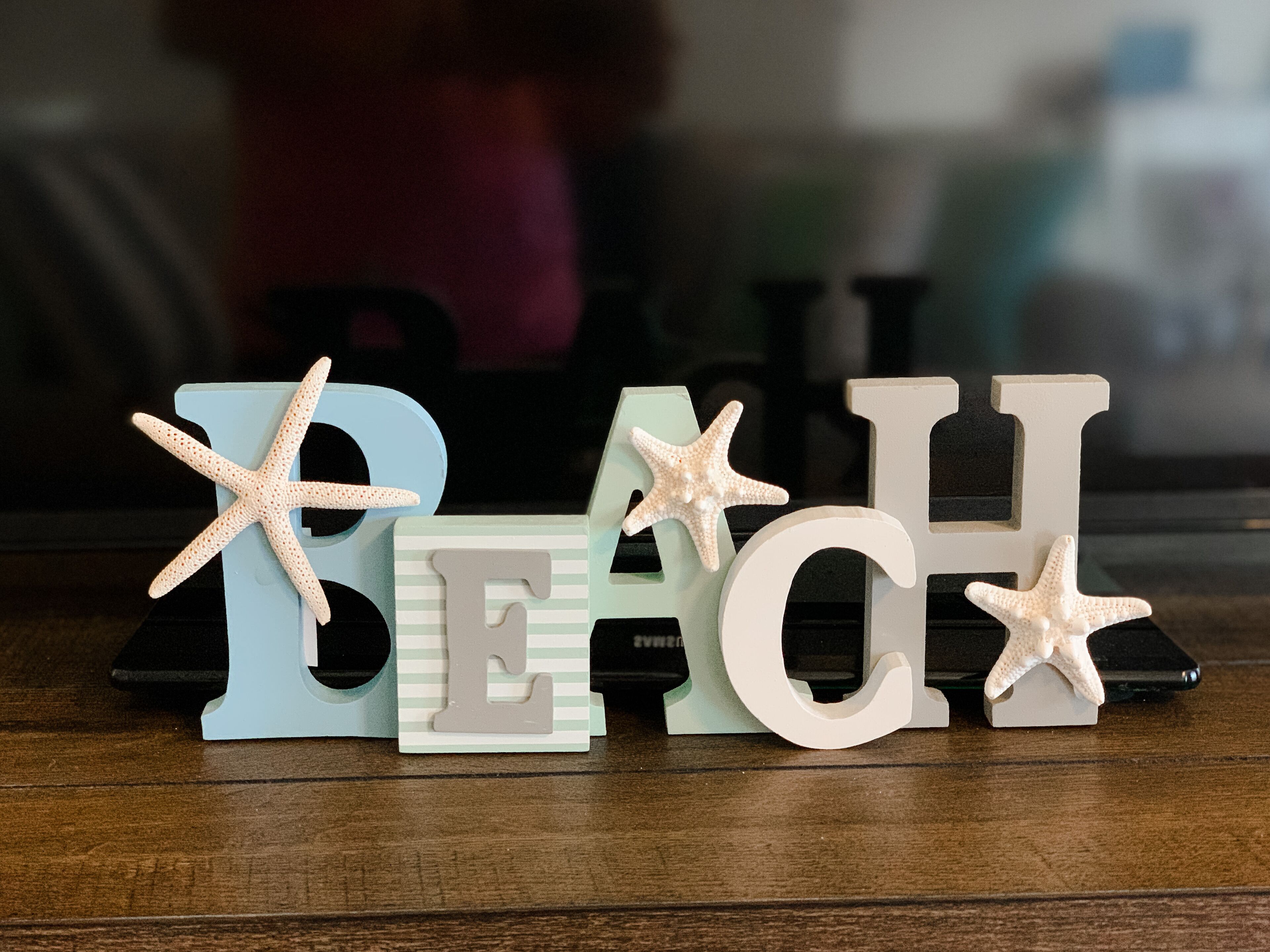 Decorative letters spelling "BEACH" with starfish decorations.