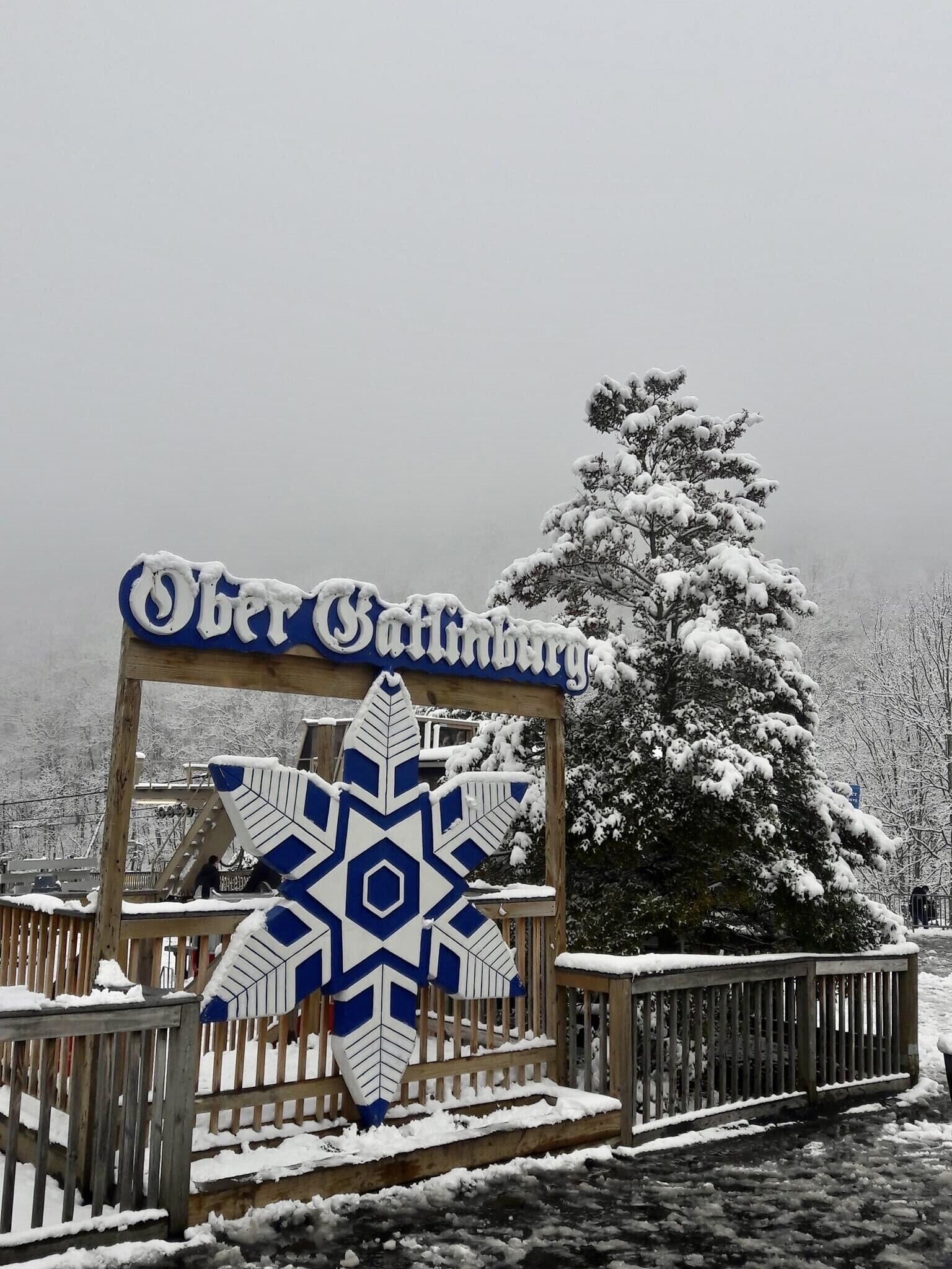 A wooden sign with "Ober Gallinberg" written on it, surrounded by snow-covered trees and a snowflake decoration.