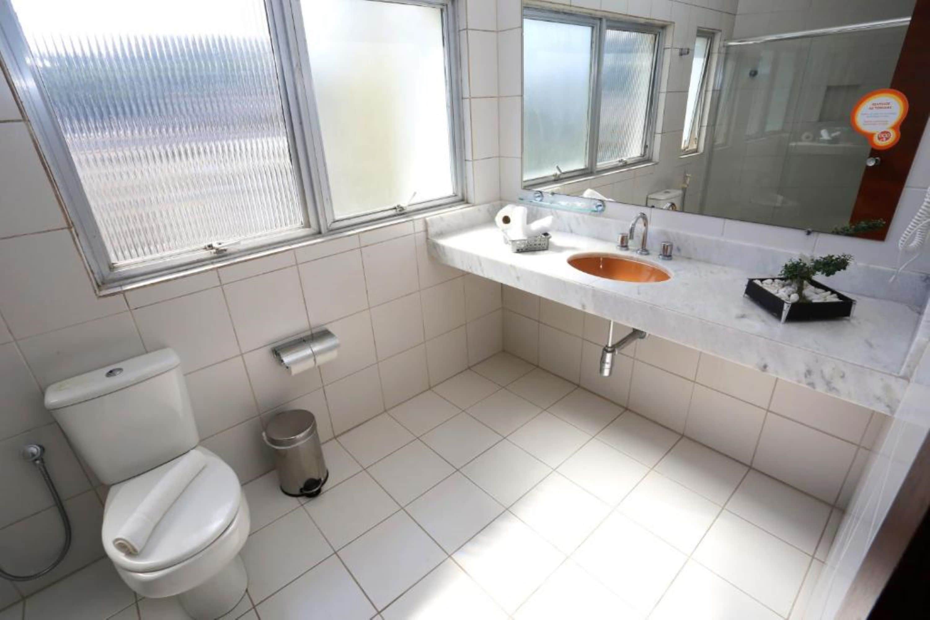 A bathroom with a toilet, sink, mirror, and window.