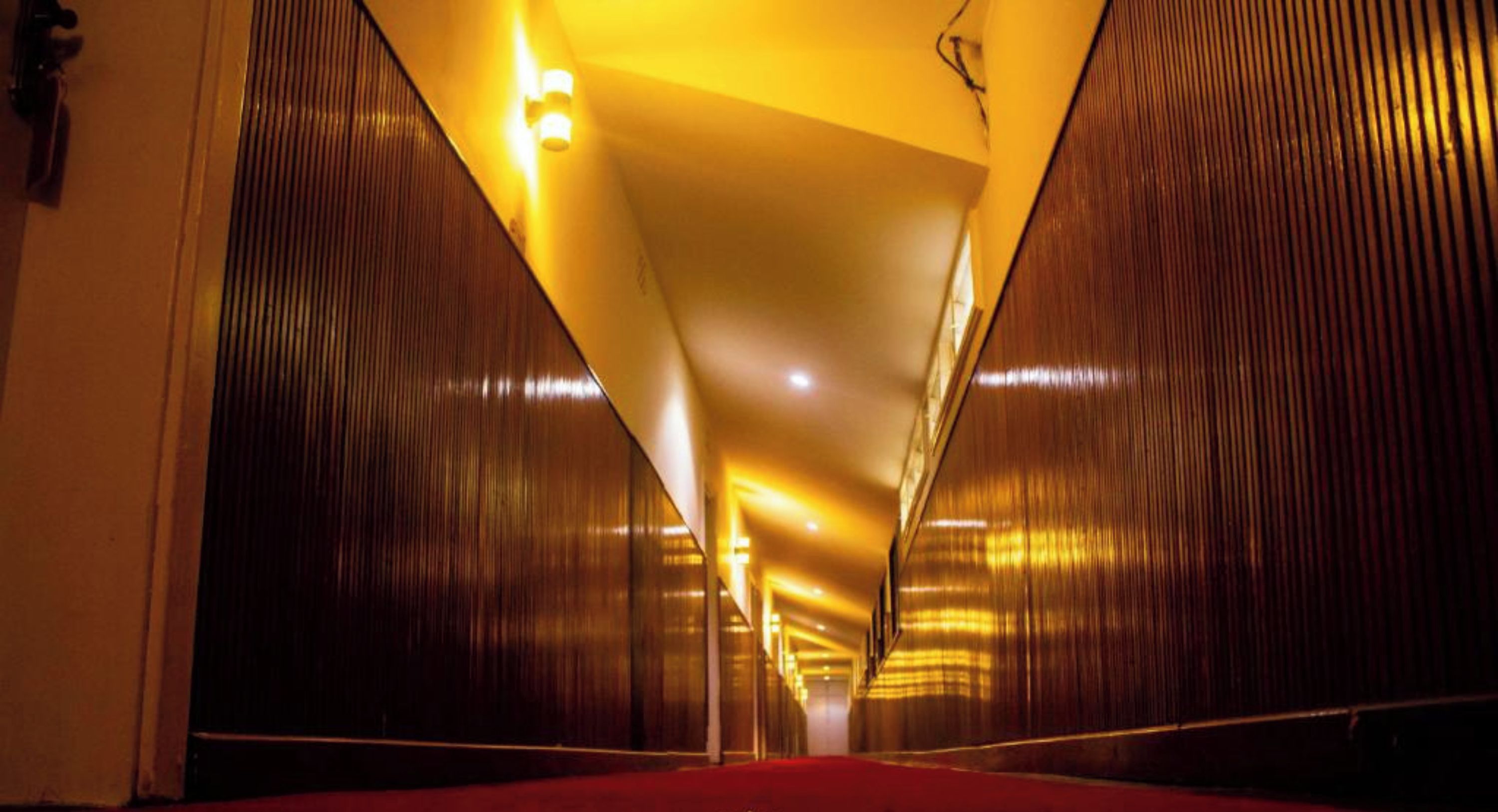 A corridor with a red carpet leading to a door, illuminated by warm lighting.