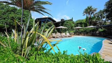 Outdoor pool, pool umbrellas, pool loungers