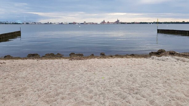 Ein Sandstrand mit ruhigem Wasser, eine ferne Stadtansicht und eine Brücke im Hintergrund.