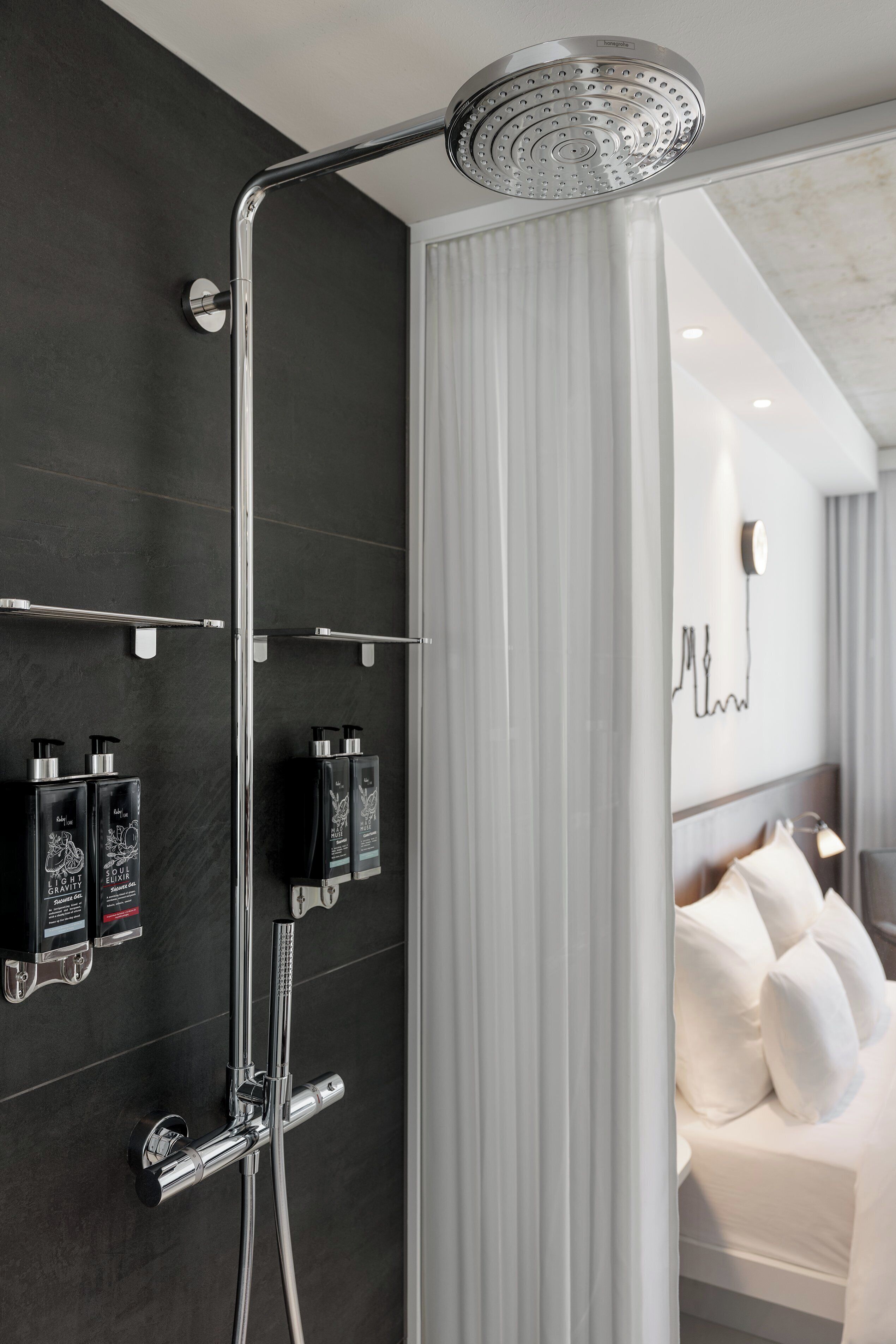 shower, rainfall showerhead, designer toiletries, hair dryer