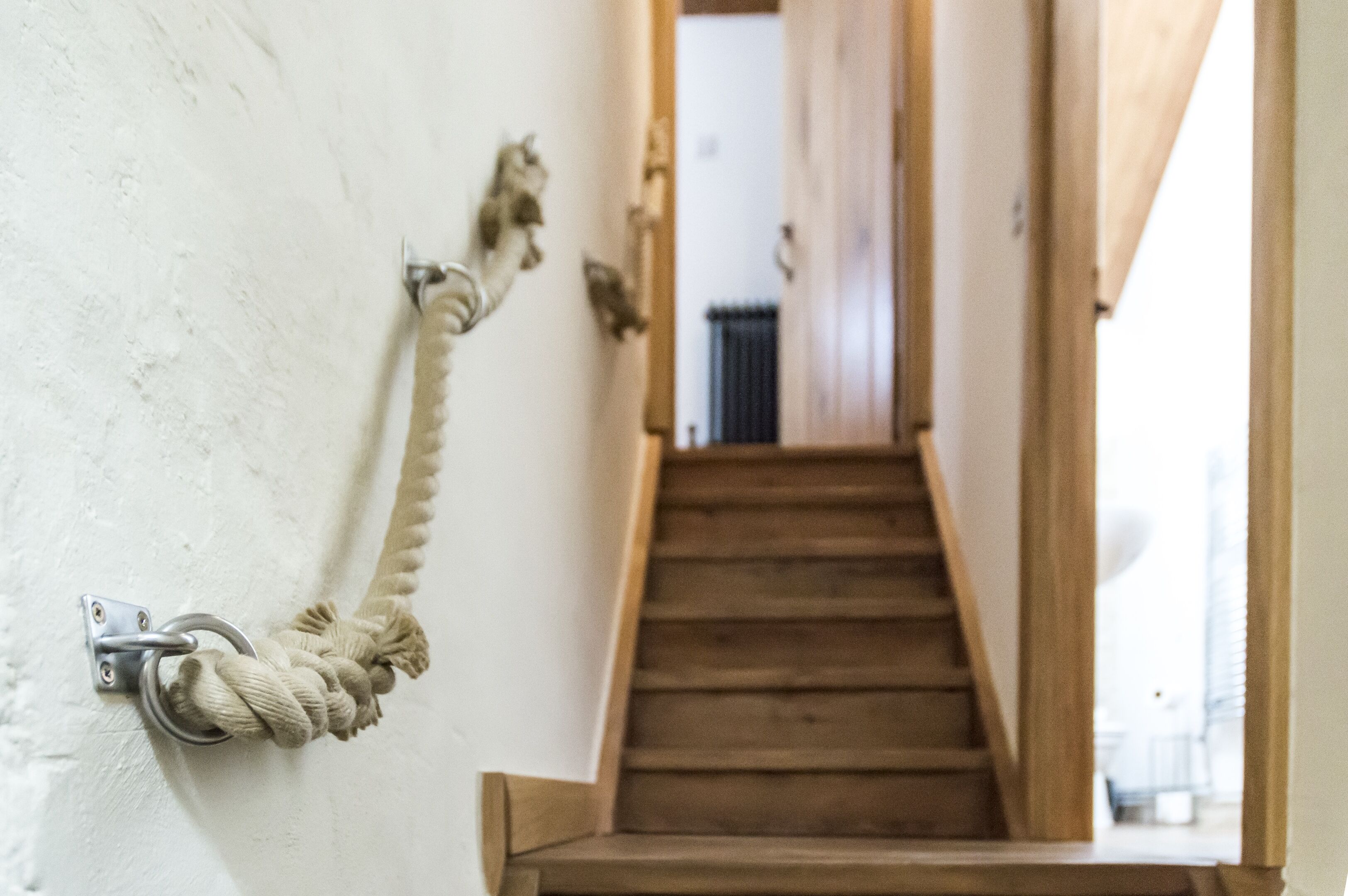 A wooden staircase with a rope tied to a metal bracket on the wall.