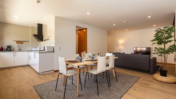 Un appartement moderne comprenant une cuisine, un coin repas et un salon.