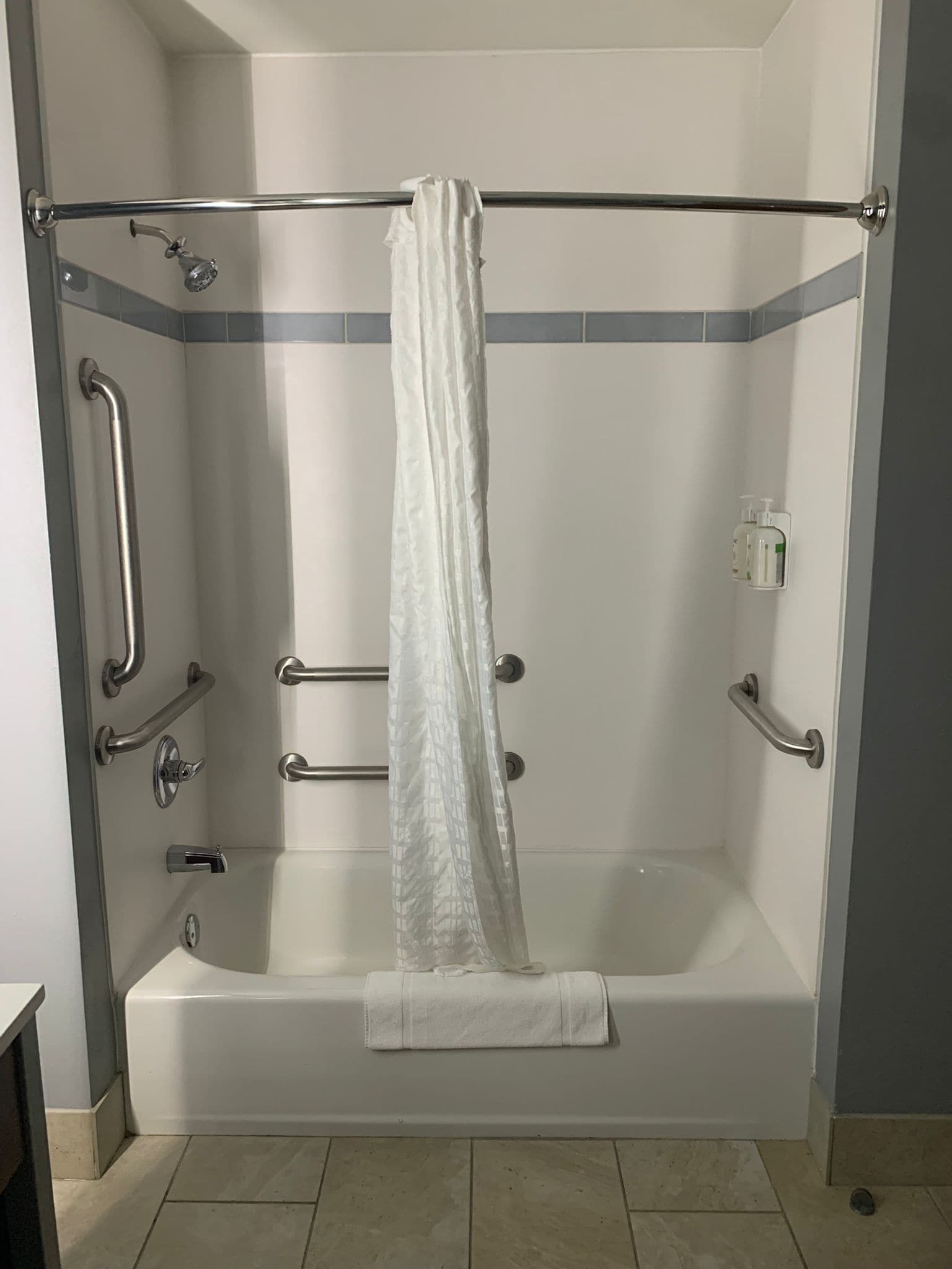 desk, laptop workspace, blackout curtains, iron/ironing board