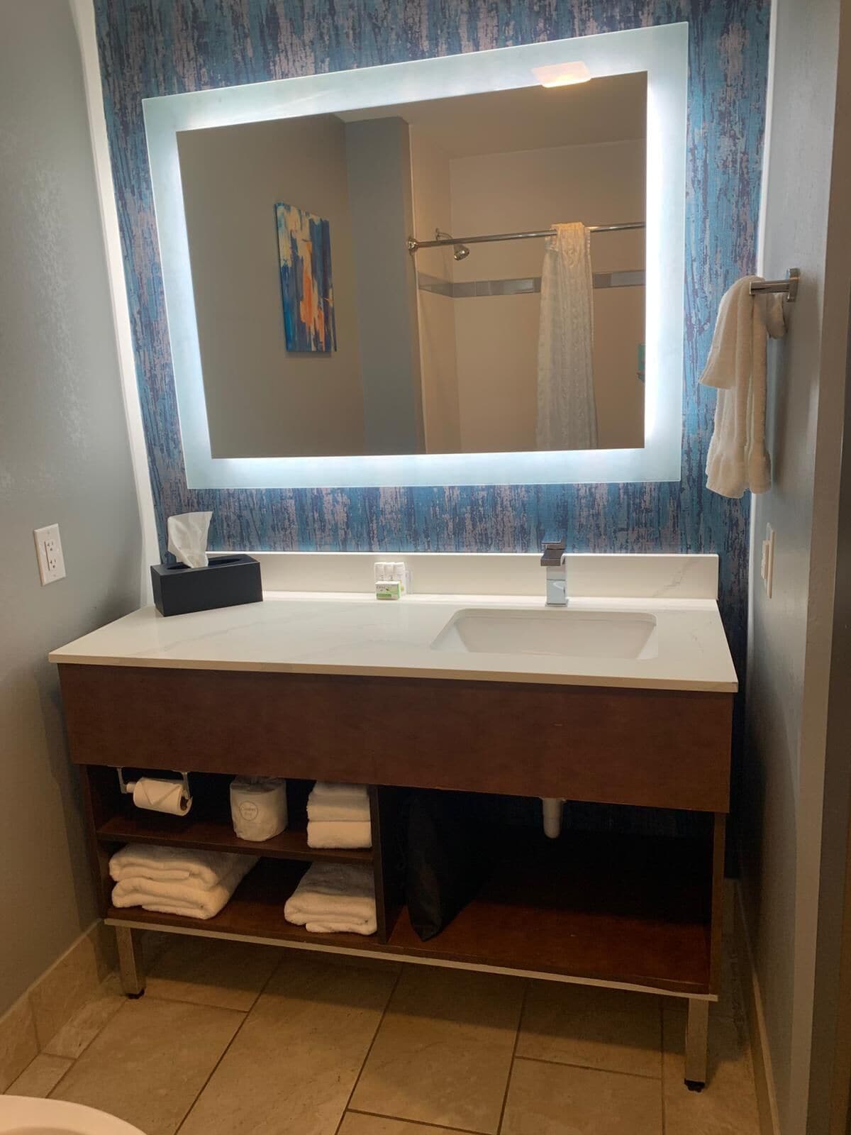 desk, laptop workspace, blackout curtains, iron/ironing board