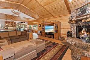 TV, fireplace, DVD player, foosball