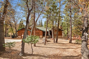 A cabin surrounded by trees in a wooded area. - Bearadise Found by Destination Big Bear : Luxury Log Home in Upper Moonridge! Game Room with Foosball & Shuffleboard! (Big Bear City)