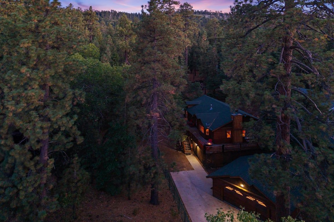Eine Hütte mit einer Terrasse, umgeben von dichtem Wald.