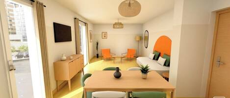 A compact living space with a dining area, a sofa set, and a large window offering a view of the outside.