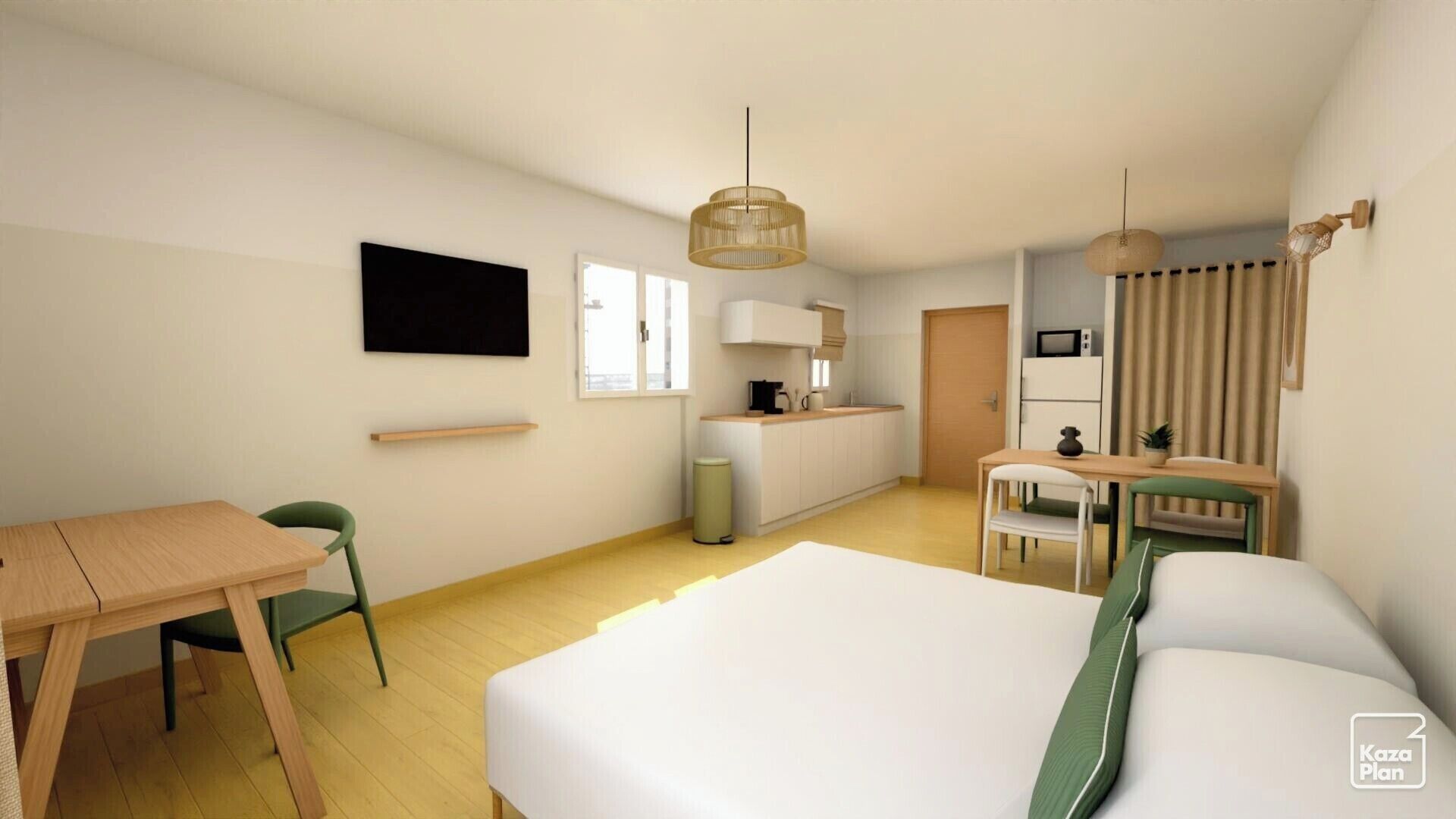 A hotel room with a bed, a desk, a chair, a television, a kitchen area, and a window.
