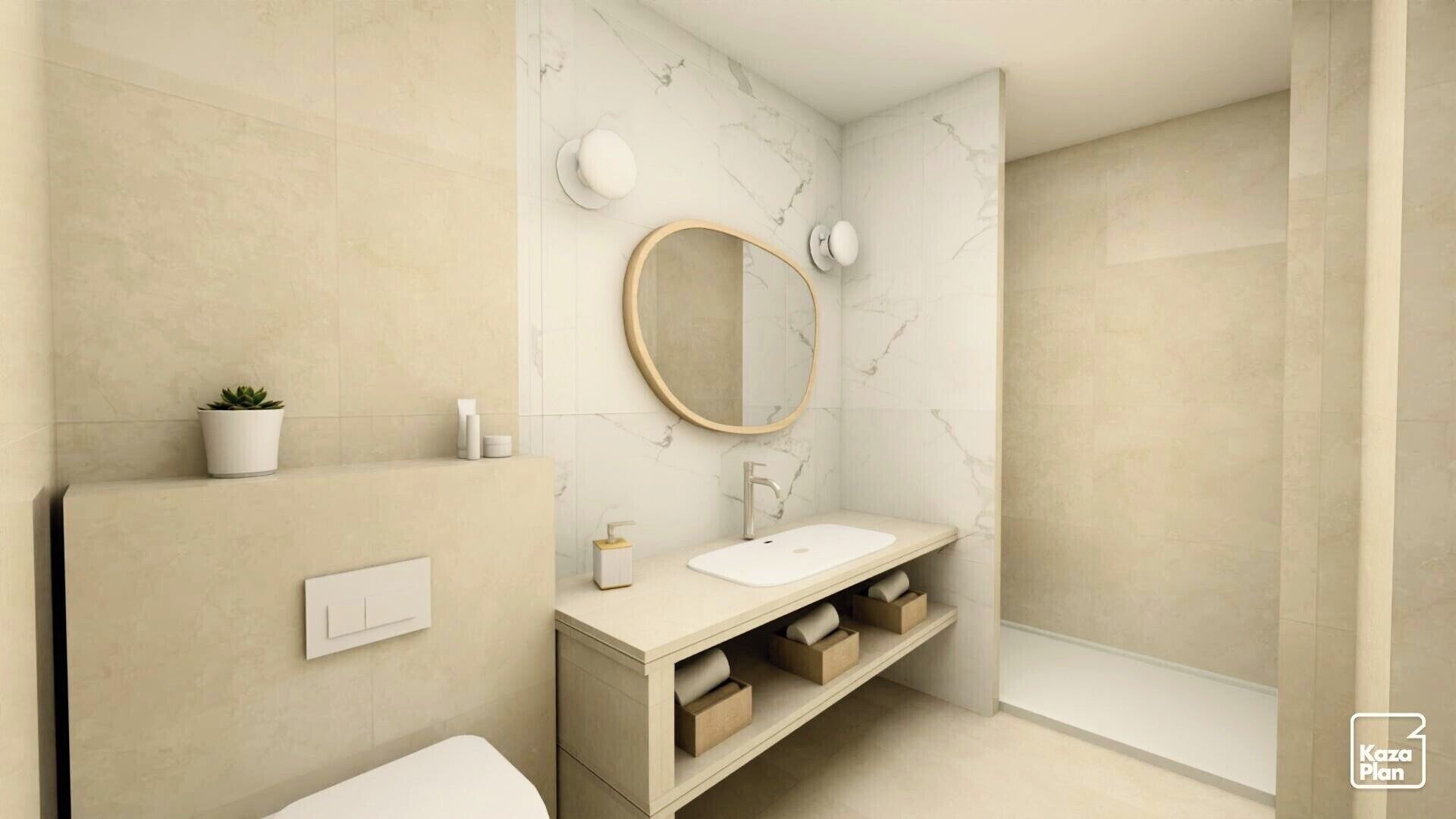 A modern bathroom with a marble wall, a round mirror, a white sink, and a potted plant.