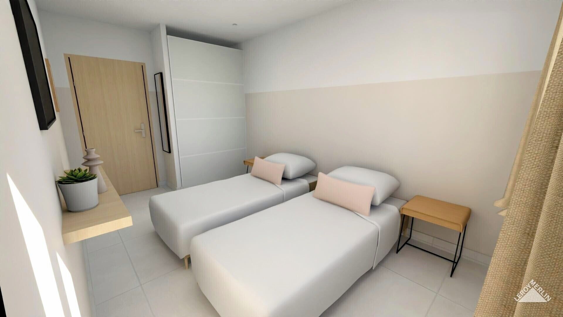 A modern bedroom with two single beds, a bedside table, a potted plant, and a wardrobe.