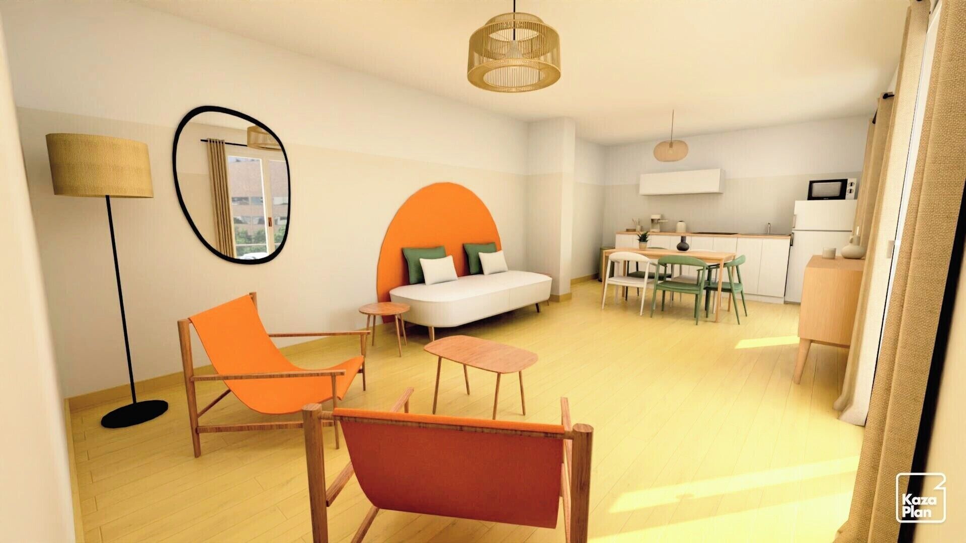 Una sala moderna con sofá, sillas, mesa de comedor y zona de cocina.
