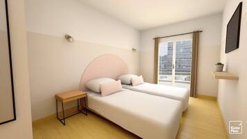 A modern bedroom with two beds, a small table, a window with curtains, and a plant on a shelf.