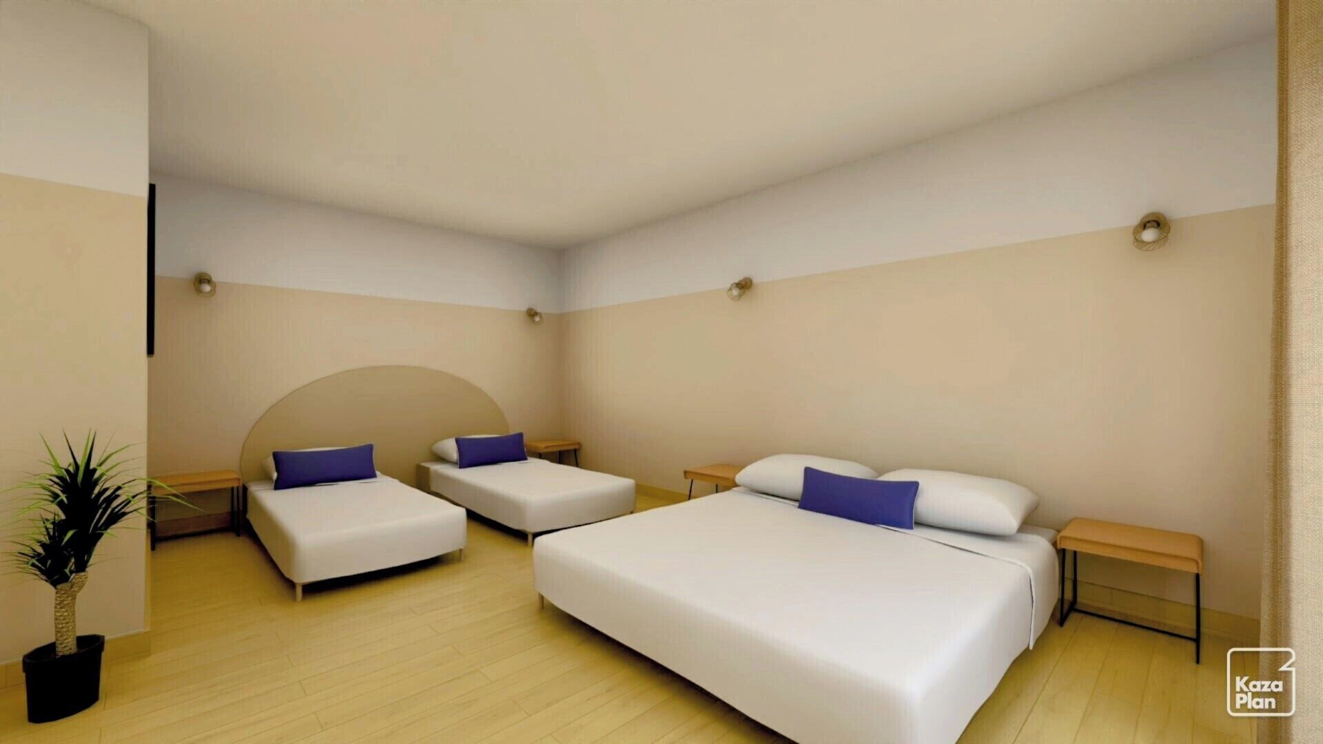 Een hotelkamer met twee eenpersoonsbedden, een tweepersoonsbed, houten vloeren en een potplant.