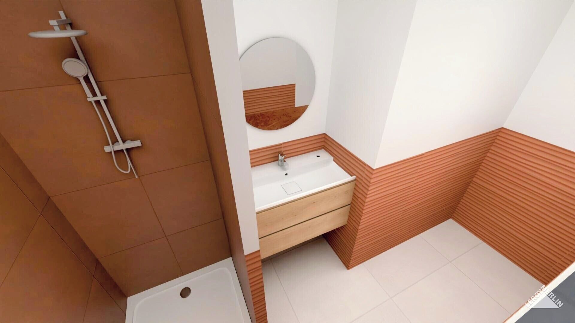 Un baño con ducha, lavabo y espejo.