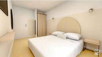 Una habitación de hotel moderna con una cama grande, mesitas de noche, un espejo y una puerta que da al baño.