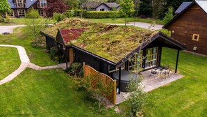 Een modern huis met een groen dak, een terras met buitenmeubilair en een houten omheining.