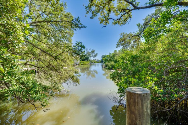 Een rustige rivier omringd door weelderige begroeiing en een houten paal.