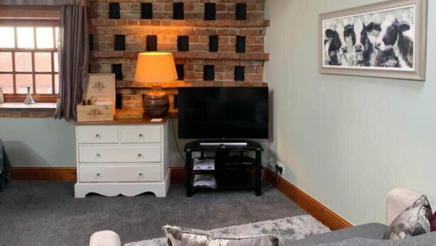 Una sala de estar con pared de ladrillo, televisor sobre un mueble, lámpara y un cuadro enmarcado en la pared.