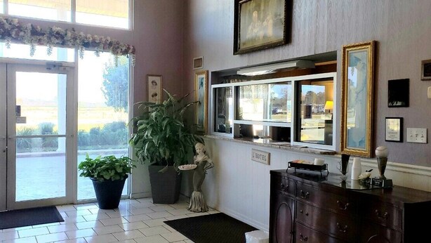 Un hall d’hôtel avec une grande plante en pot, une statue, un comptoir d’accueil et un buffet en bois foncé.