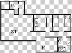 Indeling van een hotelkamer met een slaapkamer (ST), een badkamer (SA), een keuken (K) en een zithoek.