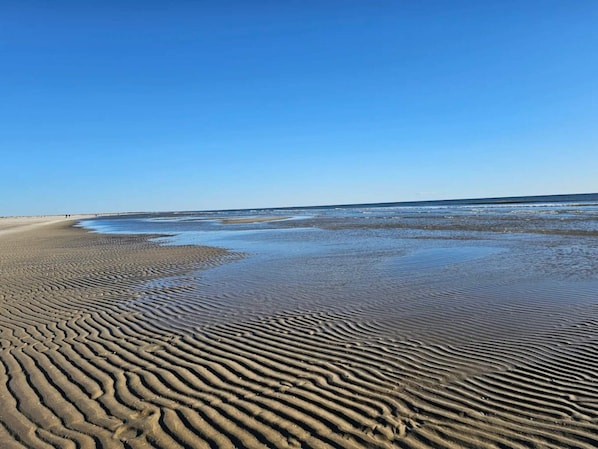 Une plage au sable aux motifs ondulés, sous un ciel bleu et dégagé.