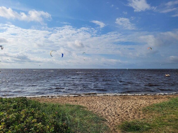 A beach with a view of the sea and sky, featuring a sandy shore and some vegetation.