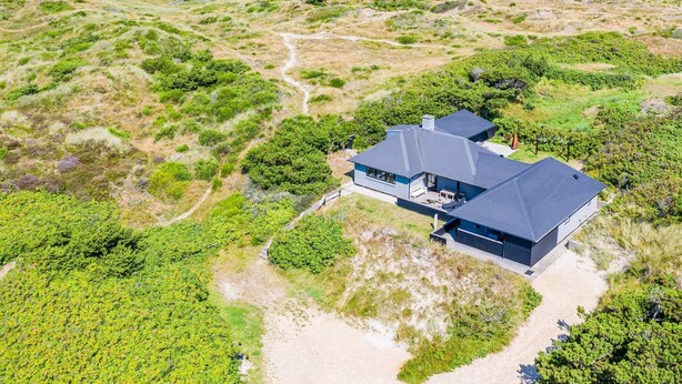 A modern house with a dark roof, surrounded by green vegetation and a sandy path leading to it. - Holiday Home in Henne (Henne)