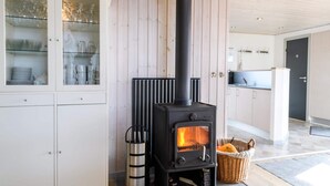 A modern kitchen with a wood-burning stove, white cabinetry, and a glass-fronted display cabinet.