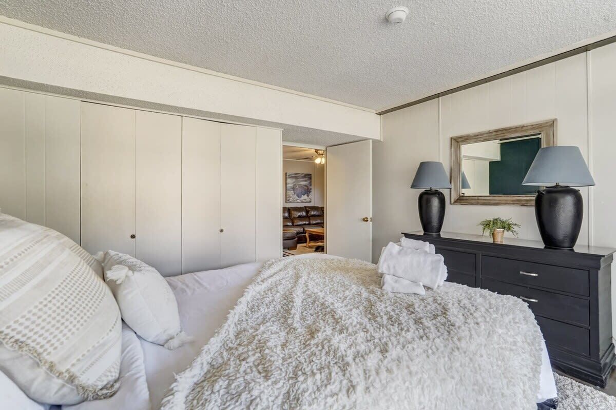 A bedroom with a bed, a dresser, a mirror, and a walk-in closet.
