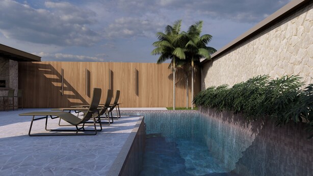 A modern outdoor pool area with lounge chairs, a wooden wall, and a palm tree.