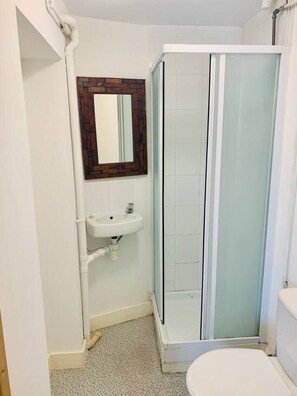 A bathroom with a glass shower enclosure, a white sink, and a wooden-framed mirror.