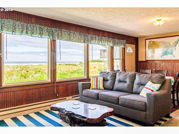 TV, fireplace - Beachfront! Walk the short path to the Beach, or enjoy the waves from the Deck (Rockaway Beach)