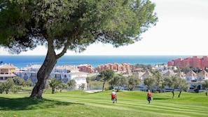Ein Küstenblick mit einem von Bäumen gesäumten Weg, einem Golfplatz und Gebäuden im Hintergrund.