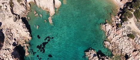 On the beach, sun-loungers, beach towels