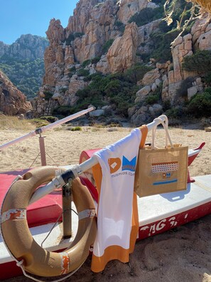On the beach, sun-loungers, beach towels