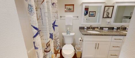 A bathroom with a white toilet, a sink with a granite countertop, and a mirror above the sink.